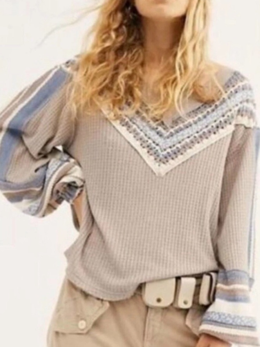 Free People Taupe Waffle Knit Sweater with Blue & Cream Accents